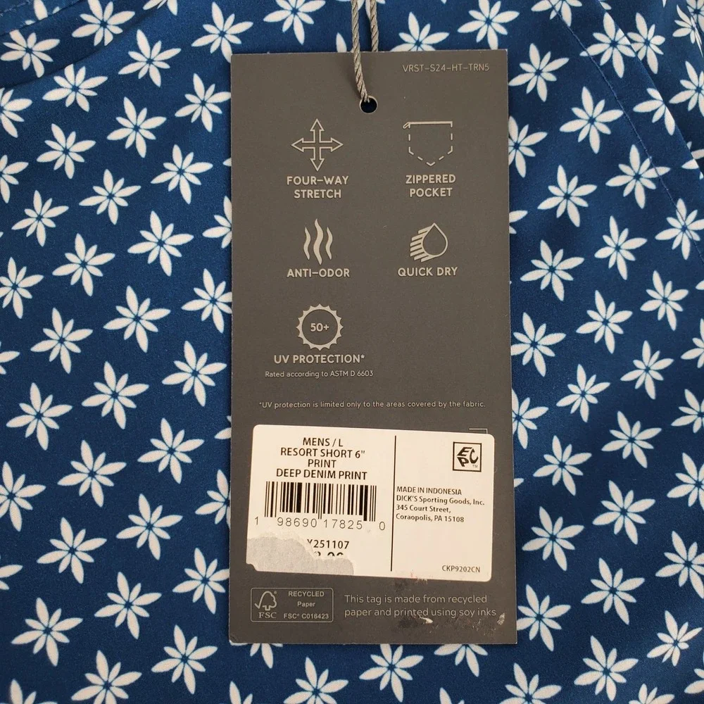 VRST Mens Large Relaxed Fit Resort Short 6in Print Deep Denim Blue Quick Dry New